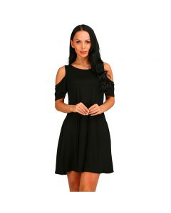 Women Summer Casual Spaghetti Strap Off Shoulder Ruffle Sleeves Shift Loose Mini Dress with Pockets - Black