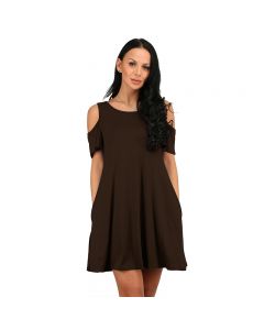 Women Summer Casual Spaghetti Strap Off Shoulder Ruffle Sleeves Shift Loose Mini Dress with Pockets - Coffee