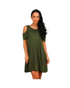 Women Summer Casual Spaghetti Strap Off Shoulder Ruffle Sleeves Shift Loose Mini Dress with Pockets - Green
