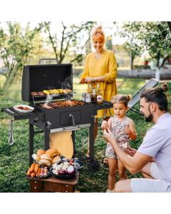 Charcoal BBQ Grill with Foldable Side Tables Hooks and Wheels