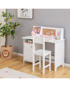 Wooden Children Study Table and Chair Set with Storage Cabinet and Bulletin Board