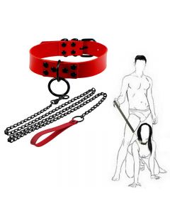 Bondage Restraint Collar Leash Slave Necklace PU Leather Play BDSM Choker Chain - Red