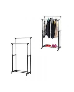 Double Pole Garment Holder Stainless Steel Clothes and Shoes Rack with Wheels Adjustable