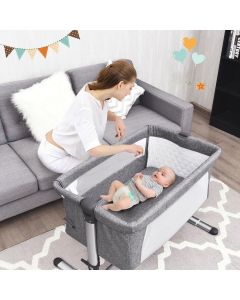 Baby Bedside Crib Portable Foldable Travel Cot Bed Mattress Grey