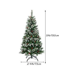 Snow Flocked Christmas Tree with Red Berries and Metal Base