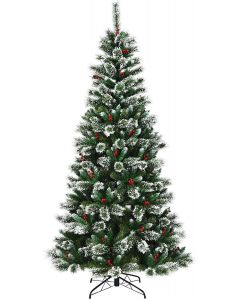 Snow Flocked Christmas Tree with Red Berries and a Metal Base available in 6ft/7ft/8ft