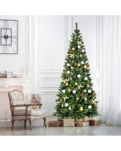 8ft Christmas Hinged Tree with Mixed Pine Needles Cones and Metal Stand