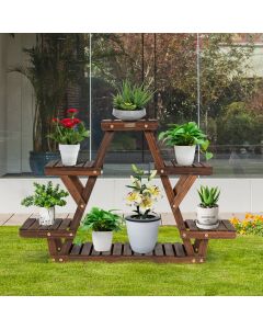 4-Tier Wood Plant Flower Display Stand 6 Pots Garden Shelf Carbonized