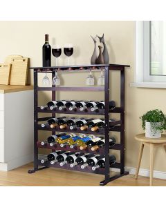 24 Bottle Wood Storage Wine Rack 18 Glass Holder Wine Display Stand Shelf Brown