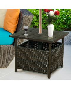 Square Rattan Patio Table with Parasol Hole Dark Brown