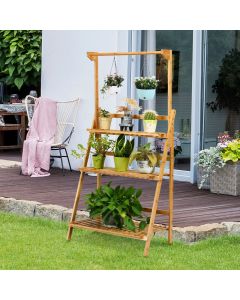 3-Tier Folding Bamboo Plant Stand with Hanging Basket Bar