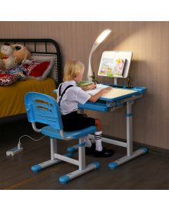Height Adjustable Kids Study Desk Table Chair Set with Lamp Blue Grey Pink