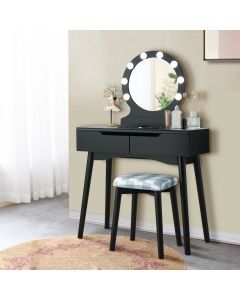 Vanity Dressing Table Makeup Desk with LED Round Mirror Bedroom Black Natural White