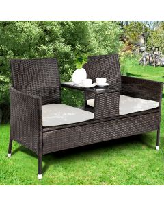 Rattan Beige Cushioned Loveseat with Glass Table