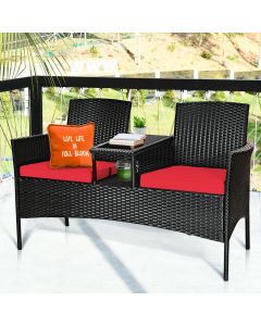 Rattan Red Cushioned Loveseat with Glass Table