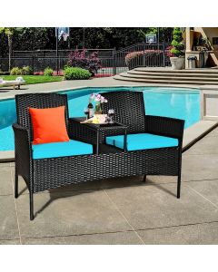 Rattan Turquoise Cushioned Loveseat with Glass Table