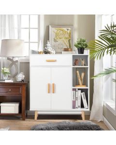 Freestanding Wooden Bookcase with Drawer and Adjustable Shelves