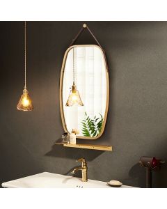 77 x 44 cm Vintage Oval Hanging Makeup Mirror Adjustable Leather Strap Rectangle Natural Bammboo
