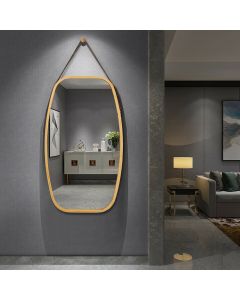 99 x 45cm Vintage Oval Hanging Makeup Mirror Adjustable Leather Strap Rectangle Natural Bamboo
