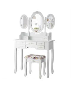 Folding Vanity Table Set with 7 Drawers and Cushioned Stool
