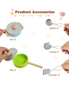 Wooden Play Kitchen with Cooking Pots and Utensils for Kids
