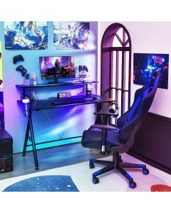 Gaming Computer Desk with Monitor Shelf and Game Handle Rack