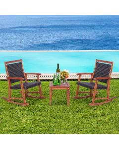 3 Piece Rocking Chair Set with Wicker Rattan Seat for Outdoor