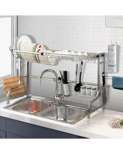 2 Tier Extendable Dish Rack with Utensil Holders in Stainless Steel