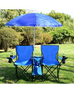 Portable Double Camping Chair with Umbrella & Ice Bag