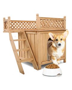 Wooden Dog / Cat House with Raised Roof Balcony & Ladder