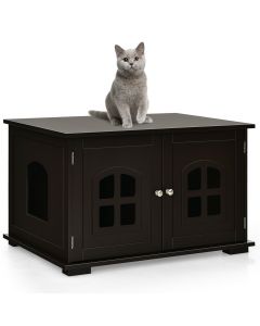 Wooden Cat Litter Box House with Double Doors and Windows