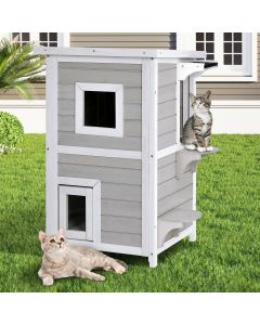 2-Tier Wooden Cat House with 3 Escape Door and 2 Jumping Platform