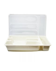 Cutlery Storage Container Utensil Organizer Tray with Plastic Lid 30cm x 18cm - White
