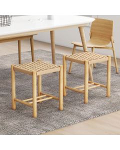 Dining Stool Set of 2 with Rubber Wood Frame and Woven Paper Seat
