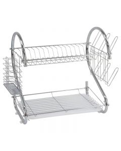 2 Tier Dish Drainer Rack With Cutlery Rack Holds Plates Mugs Cups Anti Slip Chrome Finish