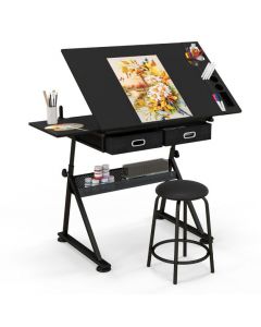 Drawing Table and Stool Set with Tilting Tabletop and Drawers