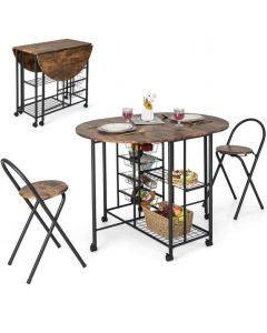 3 Pieces Drop-Leaf Rolling Dining Table Set with 2 Shelves