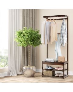 Entryway Storage Organizer with 10 Hanging Hooks and 2-Tier Shoe Shelves