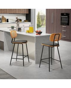 Faux Leather Bar-Height Stools with Rattan Backrest for Bar Counter