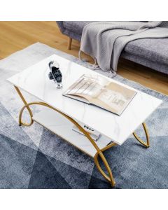 2-Tier Faux Marble Coffee Table with Golden Metal Frame