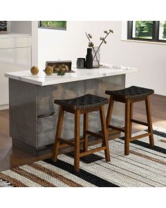 Faux PU Leather Counter Height Stools Set of 2 with Woven Curved Seat