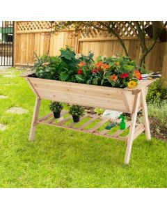 2-Tier Fir Wood Raised Garden Bed with Storage Shelf and Liner