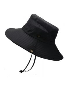 Wide Brim Summer UV Protection Sun Hat Safari Boonie Hat Foldable Fishing Hat with Adjustable Chin Strap - Black