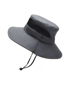 Wide Brim Summer UV Protection Sun Hat Safari Boonie Hat Foldable Fishing Hat with Adjustable Chin Strap - Grey