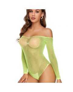 Hot Fishnet Bodysuit Sparkle Rhinestone Long Sleeve Tops Mesh Nightwear - Yellow