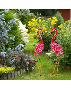 2 Pieces Flamingo Garden Statue Set with Metal Frame for Backyard