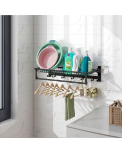 Foldable Bathroom Towel Rack with Adjustable Towel Bar and Movable Hooks