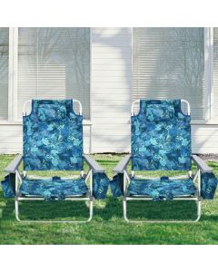 Set of 2 Folding Beach Chair Set with Headrest and Cup Holder