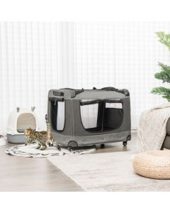 3-Door Folding Cat Carrier with Wheels and Removable Mat