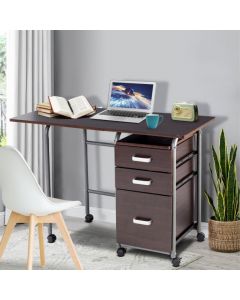 Folding Computer Desk with Rolling Wheels and 3 Drawers for Home Office